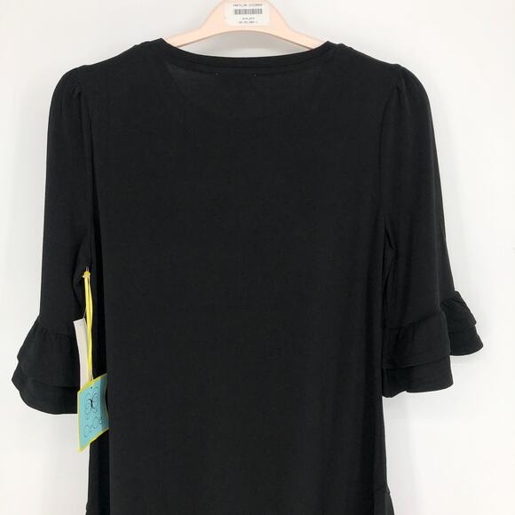 CECE Women's Knit Shift Dress Medium Rich Black Ruffled Bell Sleeves NWT - Picture 5 of 10